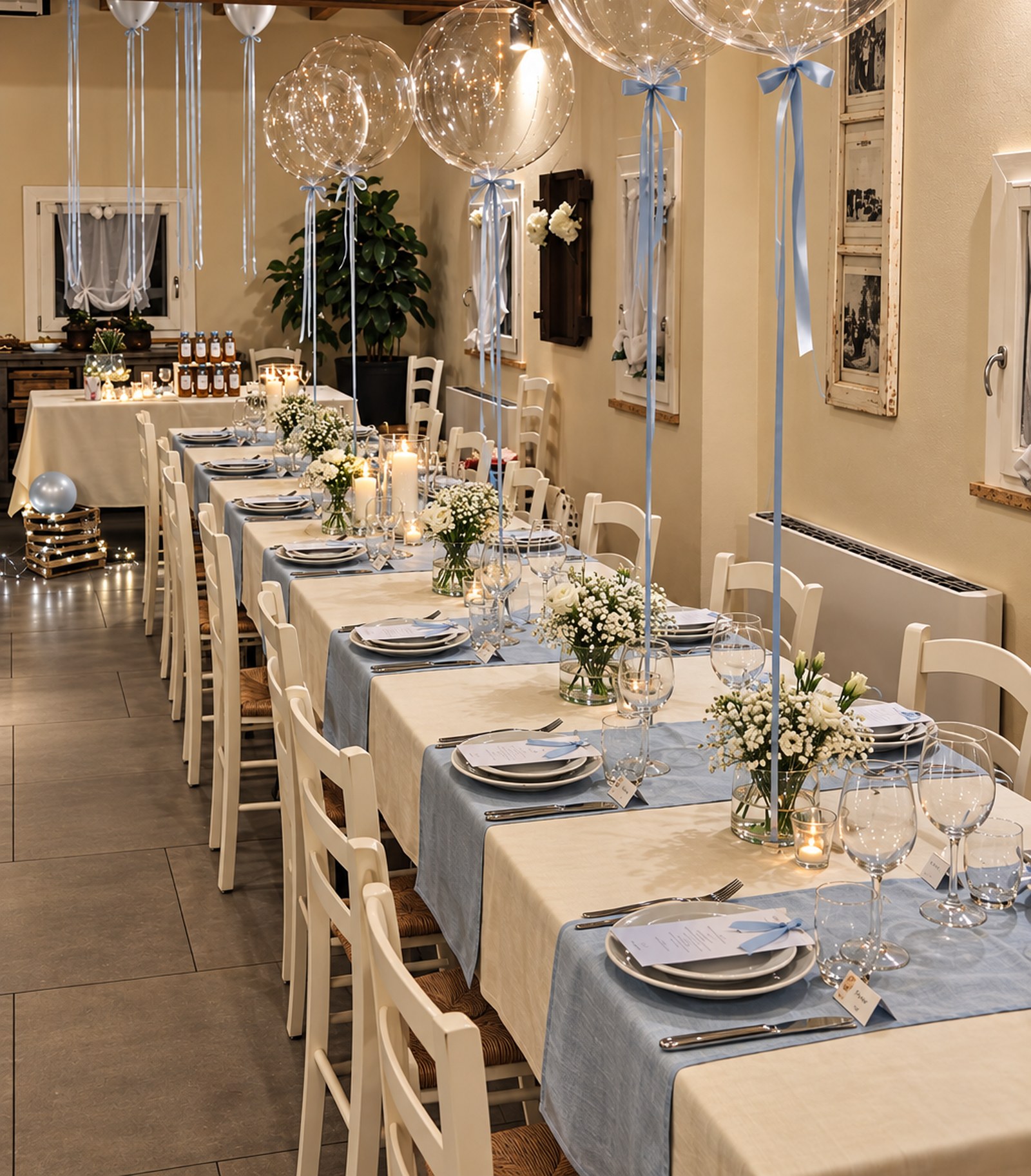 Tavolata lunga apparecchiata in beige e bianco, con palloncini trasparenti
