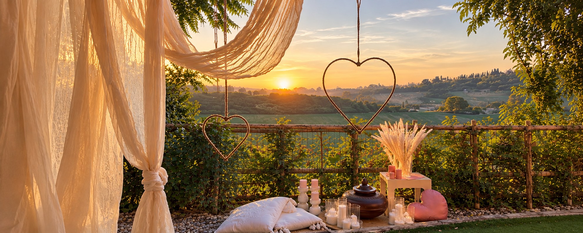 Allestimento Ely & Grace al tramonto sulle colline reggiane, con cuori sospesi, candele e tendaggi in lino